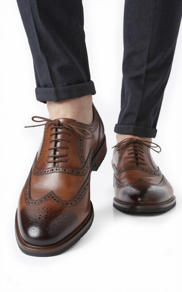 A male model wearing Dress shoes with wingtips, against a white background, with a close   up of the feet